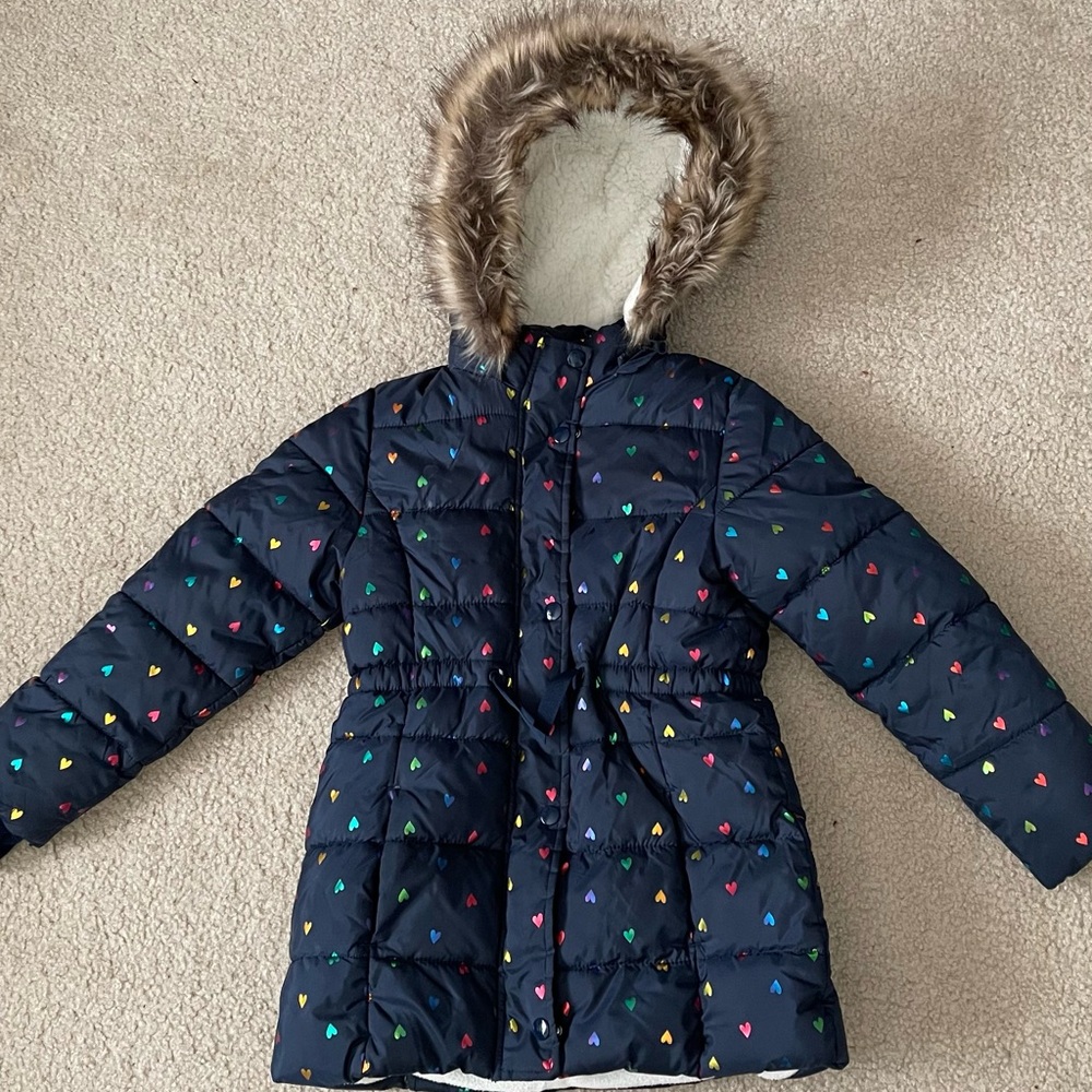 Trendy Boutique Kids Puffer Jacket - Navy with Multicolor Hearts